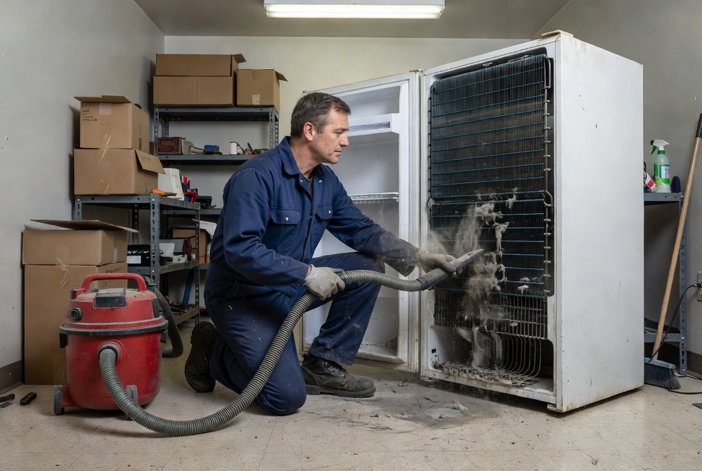 Technician vacuuming dust off refrigerator condenser coils
