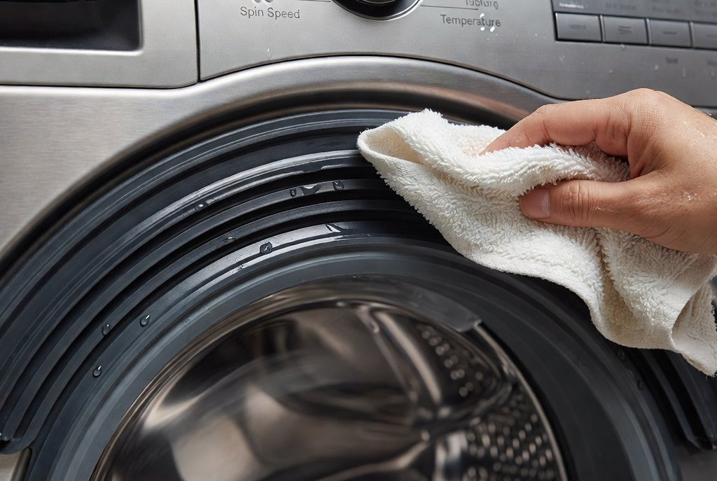 A cloth wiping moisture from a front-load washer door gasket